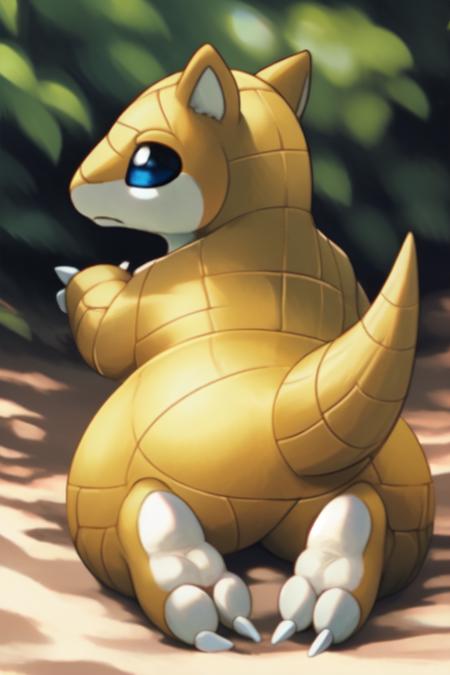 03791-1124670012-_lora_Sandshrew V4_1_ sandshrew, feral, claws, rear view, (raised tail_1.2), all fours, looking back, feet, blue eyes.png